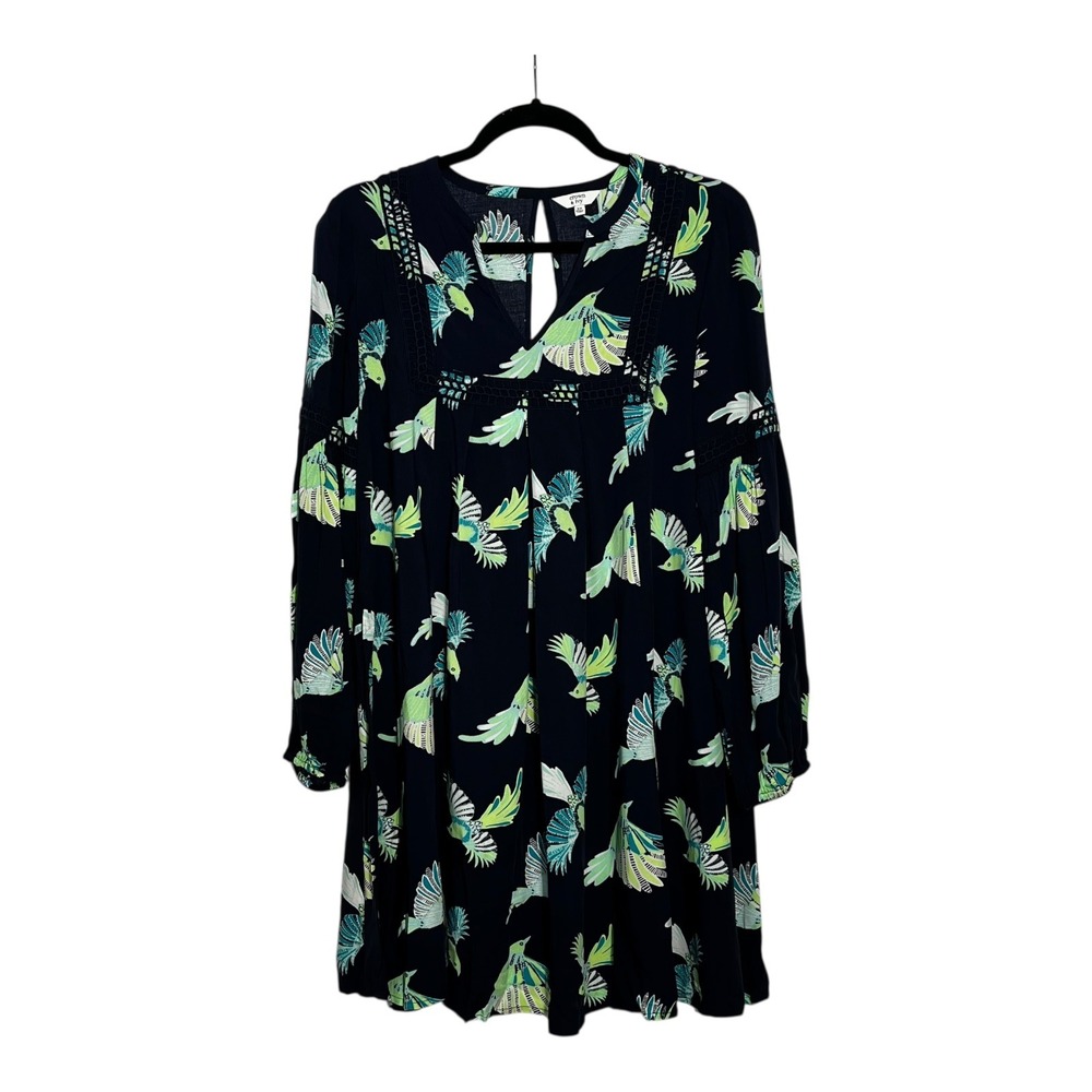 Crown & Ivy Global Traveler II Navy Lime Bird Print Crochet Mini Dress XS NEW